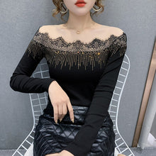 Load image into Gallery viewer, New 2021 Spring Autumn Women Tops Fashion Sexy Long Sleeve Mesh Shirt Elegant Slim Hot Drilling Lace t-shirt Blusas