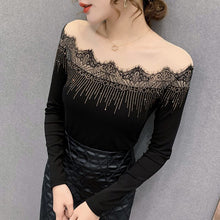 Load image into Gallery viewer, New 2021 Spring Autumn Women Tops Fashion Sexy Long Sleeve Mesh Shirt Elegant Slim Hot Drilling Lace t-shirt Blusas