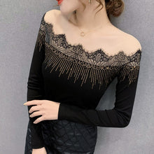 Load image into Gallery viewer, New 2021 Spring Autumn Women Tops Fashion Sexy Long Sleeve Mesh Shirt Elegant Slim Hot Drilling Lace t-shirt Blusas
