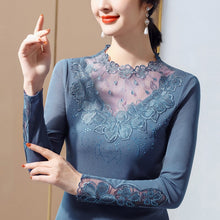 Load image into Gallery viewer, New 2021 Spring Flowers Hot Drilling Lace Shirt Fashion Embroidered Long Sleeve Ladies Tops and Tees Plus Size Women T-Shirt