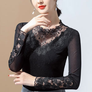 New 2021 Spring Flowers Hot Drilling Lace Shirt Fashion Embroidered Long Sleeve Ladies Tops and Tees Plus Size Women T-Shirt