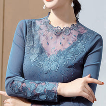 Load image into Gallery viewer, New 2021 Spring Flowers Hot Drilling Lace Shirt Fashion Embroidered Long Sleeve Ladies Tops and Tees Plus Size Women T-Shirt