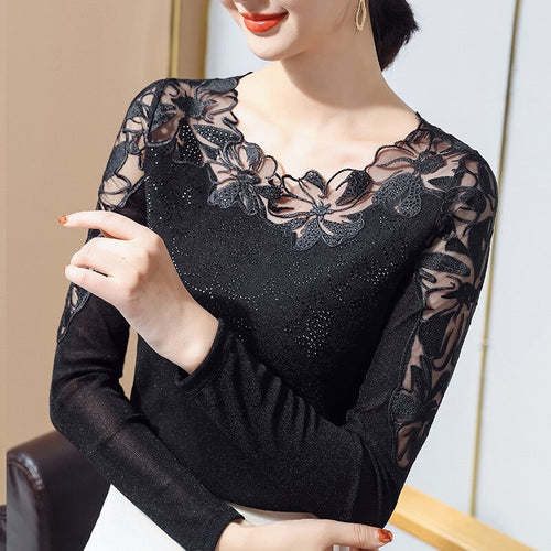 New 2021 Spring Long Sleeve Women Mesh Tops Fashion Casual Sexy Hollow Out Lace T-Shirt Plus Size M-4XL  Mesh tees