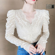Load image into Gallery viewer, New 2021 Spring Women Blouse Shirt Fashion Elegant Slim V-Neck Lace Tops And Shirt Solid Color Hollow Out Female Shirt