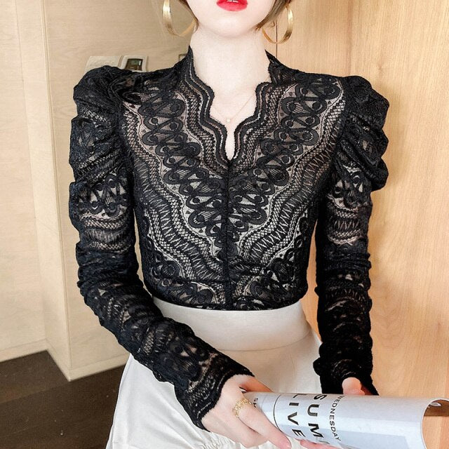 New 2021 Spring Women Blouse Shirt Fashion Elegant Slim V-Neck Lace Tops And Shirt Solid Color Hollow Out Female Shirt
