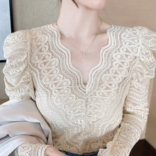 Load image into Gallery viewer, New 2021 Spring Women Blouse Shirt Fashion Elegant Slim V-Neck Lace Tops And Shirt Solid Color Hollow Out Female Shirt