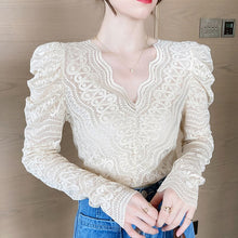 Load image into Gallery viewer, New 2021 Spring Women Blouse Shirt Fashion Elegant Slim V-Neck Lace Tops And Shirt Solid Color Hollow Out Female Shirt