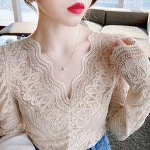 Load image into Gallery viewer, New 2021 Spring Women Blouse Shirt Fashion Elegant Slim V-Neck Lace Tops And Shirt Solid Color Hollow Out Female Shirt
