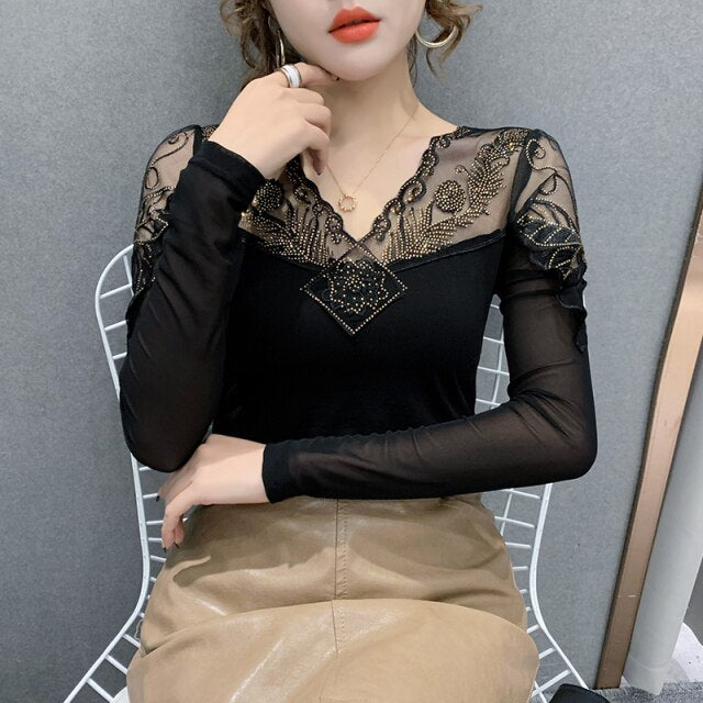 New 2021 Spring Women T-Shirt Fashion Sexy V-Neck Mesh Tops And Shirt Hot Drilling Lace Shirt Plus Size Women tees