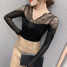 Load image into Gallery viewer, New 2021 Spring Women T-Shirt Fashion Sexy V-Neck Mesh Tops And Shirt Hot Drilling Lace Shirt Plus Size Women tees