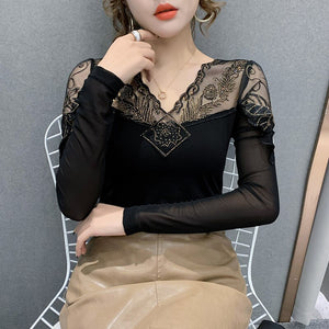 New 2021 Spring Women T-Shirt Fashion Sexy V-Neck Mesh Tops And Shirt Hot Drilling Lace Shirt Plus Size Women tees