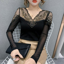 Load image into Gallery viewer, New 2021 Spring Women T-Shirt Fashion Sexy V-Neck Mesh Tops And Shirt Hot Drilling Lace Shirt Plus Size Women tees