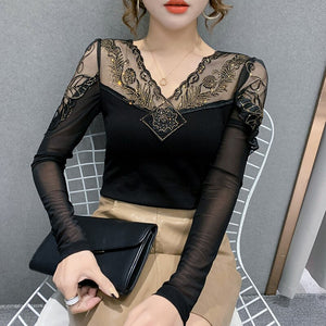New 2021 Spring Women T-Shirt Fashion Sexy V-Neck Mesh Tops And Shirt Hot Drilling Lace Shirt Plus Size Women tees