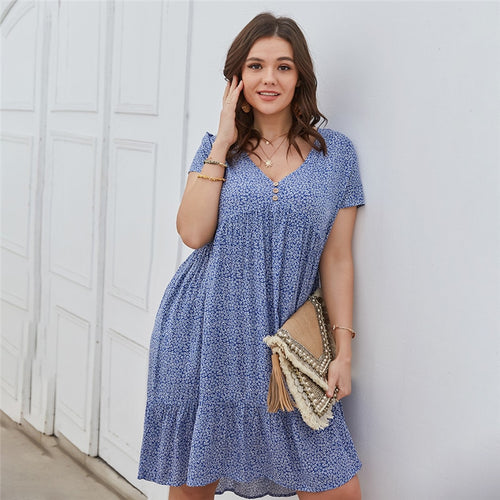 New 2021 Summer Dress Plus Size Women Beach Dresses Fashion Floral Chiffon Dress Short Sleeve V-Neck Loose Daily Dress Female