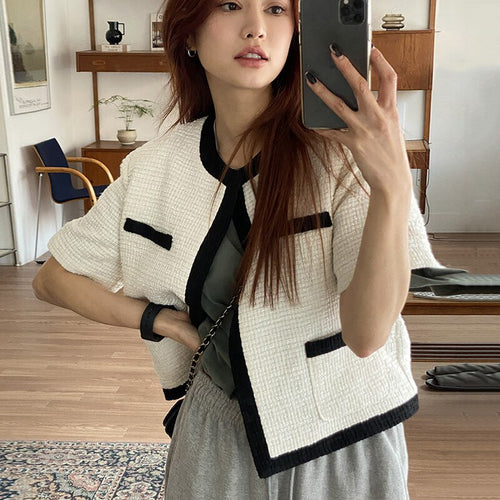 New 2021 Summer Korean Chic Top Female Tweed  Hit Color O-Neck Short Sleeved Cardigan Coats