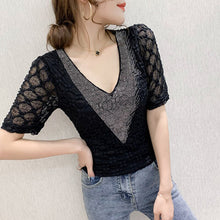 Load image into Gallery viewer, New 2021 Summer Short Sleeve Lace Tops Fashion Casual V-Neck Women&#39;s T-Shirt Elegant Slim Dimaond Shirt Plus Size Blusas