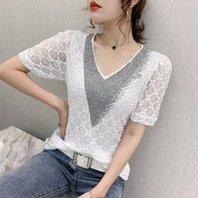 Load image into Gallery viewer, New 2021 Summer Short Sleeve Lace Tops Fashion Casual V-Neck Women&#39;s T-Shirt Elegant Slim Dimaond Shirt Plus Size Blusas