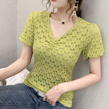 Load image into Gallery viewer, New 2021 Summer Short Sleeve Lace Tops Fashion Sexy V-Neck Women&#39;s T-Shirt Elegant Slim Hollow Out Female Blusas