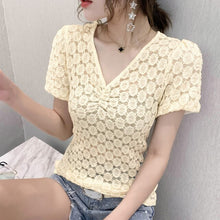 Load image into Gallery viewer, New 2021 Summer Short Sleeve Lace Tops Fashion Sexy V-Neck Women&#39;s T-Shirt Elegant Slim Hollow Out Female Blusas