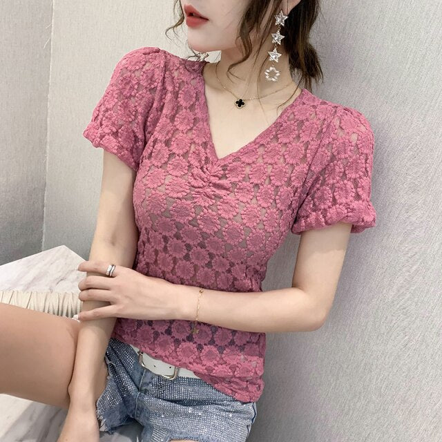 New 2021 Summer Short Sleeve Lace Tops Fashion Sexy V-Neck Women's T-Shirt Elegant Slim Hollow Out Female Blusas