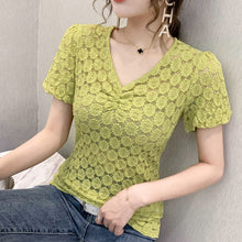 Load image into Gallery viewer, New 2021 Summer Short Sleeve Lace Tops Fashion Sexy V-Neck Women&#39;s T-Shirt Elegant Slim Hollow Out Female Blusas
