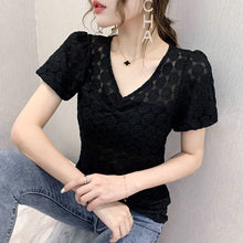Load image into Gallery viewer, New 2021 Summer Short Sleeve Lace Tops Fashion Sexy V-Neck Women&#39;s T-Shirt Elegant Slim Hollow Out Female Blusas
