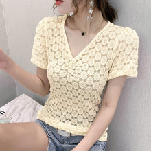 Load image into Gallery viewer, New 2021 Summer Short Sleeve Lace Tops Fashion Sexy V-Neck Women&#39;s T-Shirt Elegant Slim Hollow Out Female Blusas
