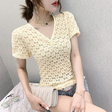 Load image into Gallery viewer, New 2021 Summer Short Sleeve Lace Tops Fashion Sexy V-Neck Women&#39;s T-Shirt Elegant Slim Hollow Out Female Blusas