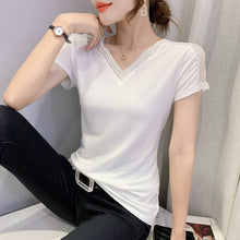 Load image into Gallery viewer, New 2021 Summer Short Sleeve Mesh Tops Fashion Casual Beading Women&#39;s T-Shirt Plus Size Lady Blusas Clothes