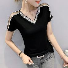 Load image into Gallery viewer, New 2021 Summer Short Sleeve Mesh Tops Fashion Casual Beading Women&#39;s T-Shirt Plus Size Lady Blusas Clothes