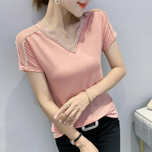 Load image into Gallery viewer, New 2021 Summer Short Sleeve Mesh Tops Fashion Casual Beading Women&#39;s T-Shirt Plus Size Lady Blusas Clothes