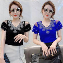 Load image into Gallery viewer, New 2021 Summer Short Sleeve Woman&#39;s T-Shirt Fashion Sexy V-Neck Mesh Tops Shirt Hot Drilling Ruffels Lady tshirt
