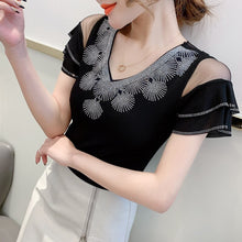 Load image into Gallery viewer, New 2021 Summer Short Sleeve Woman&#39;s T-Shirt Fashion Sexy V-Neck Mesh Tops Shirt Hot Drilling Ruffels Lady tshirt