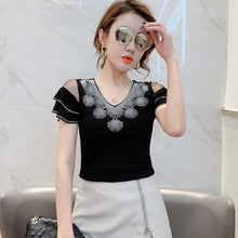 Load image into Gallery viewer, New 2021 Summer Short Sleeve Woman&#39;s T-Shirt Fashion Sexy V-Neck Mesh Tops Shirt Hot Drilling Ruffels Lady tshirt