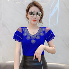 Load image into Gallery viewer, New 2021 Summer Short Sleeve Woman&#39;s T-Shirt Fashion Sexy V-Neck Mesh Tops Shirt Hot Drilling Ruffels Lady tshirt