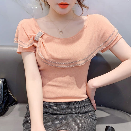 New 2021 Summer Short Sleeve Women Tops And Shirt Fashion Casual Slash Neck Mesh T-Shirt Plus Size Ruffles Blusas