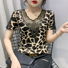 Load image into Gallery viewer, New 2021 Summer Short Sleeve Women&#39;s T-Shirt Fashion Casual Leopard Diamonds Tops And Shirt Blusas