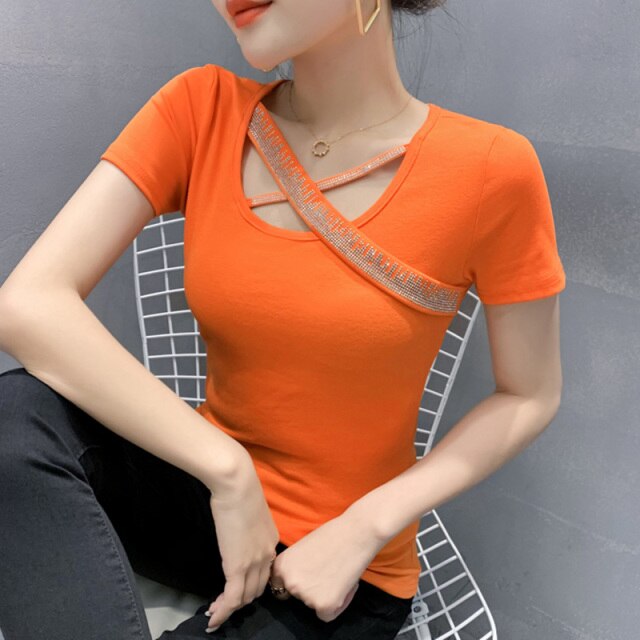 New 2021 Summer Short Sleeve Women's tshirt Fashion Casual Hot drilling Tops And Shirt Sexy V-Neck Female Blusas