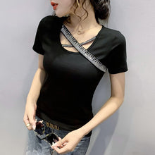 Load image into Gallery viewer, New 2021 Summer Short Sleeve Women&#39;s tshirt Fashion Casual Hot drilling Tops And Shirt Sexy V-Neck Female Blusas