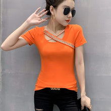 Load image into Gallery viewer, New 2021 Summer Short Sleeve Women&#39;s tshirt Fashion Casual Hot drilling Tops And Shirt Sexy V-Neck Female Blusas