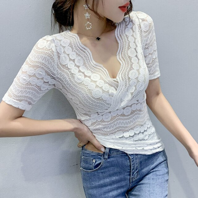 New 2021 Summer Women Lace Tops Fashion Casual Short-Sleeve V-Neck Women's tshirt Elegant Slim Hollow Out Female Blusas