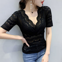 Load image into Gallery viewer, New 2021 Summer Women Lace Tops Fashion Casual Short-Sleeve V-Neck Women&#39;s tshirt Elegant Slim Hollow Out Female Blusas
