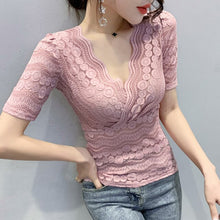 Load image into Gallery viewer, New 2021 Summer Women Lace Tops Fashion Casual Short-Sleeve V-Neck Women&#39;s tshirt Elegant Slim Hollow Out Female Blusas