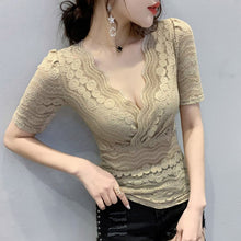 Load image into Gallery viewer, New 2021 Summer Women Lace Tops Fashion Casual Short-Sleeve V-Neck Women&#39;s tshirt Elegant Slim Hollow Out Female Blusas