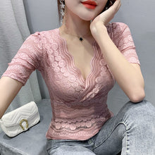 Load image into Gallery viewer, New 2021 Summer Women Lace Tops Fashion Casual Short-Sleeve V-Neck Women&#39;s tshirt Elegant Slim Hollow Out Female Blusas