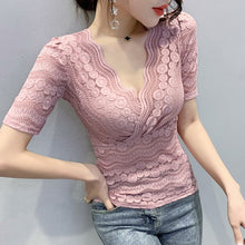 Load image into Gallery viewer, New 2021 Summer Women Lace Tops Fashion Casual Short-Sleeve V-Neck Women&#39;s tshirt Elegant Slim Hollow Out Female Blusas