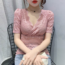 Load image into Gallery viewer, New 2021 Summer Women Lace Tops Fashion Casual Short-Sleeve V-Neck Women&#39;s tshirt Elegant Slim Hollow Out Female Blusas