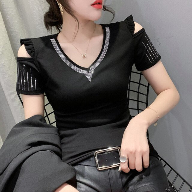 New 2021 Summer Women's tshirt Fashion Casual Short Sleeve Hollow Flower Strapless Hot Drilling Tops And Shirt Blusas