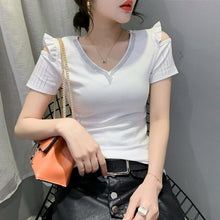 Load image into Gallery viewer, New 2021 Summer Women&#39;s tshirt Fashion Casual Short Sleeve Hollow Flower Strapless Hot Drilling Tops And Shirt Blusas