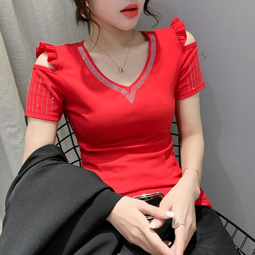 New 2021 Summer Women's tshirt Fashion Casual Short Sleeve Hollow Flower Strapless Hot Drilling Tops And Shirt Blusas